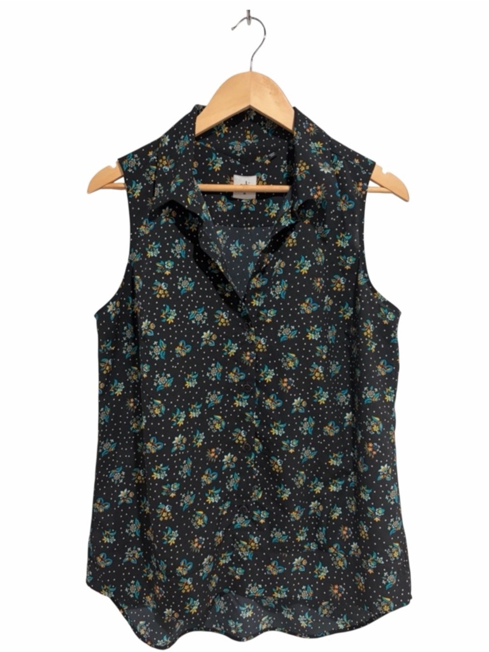 CAbi Black Sleeveless Floral Collared Pull-Over Blouse with Buttons